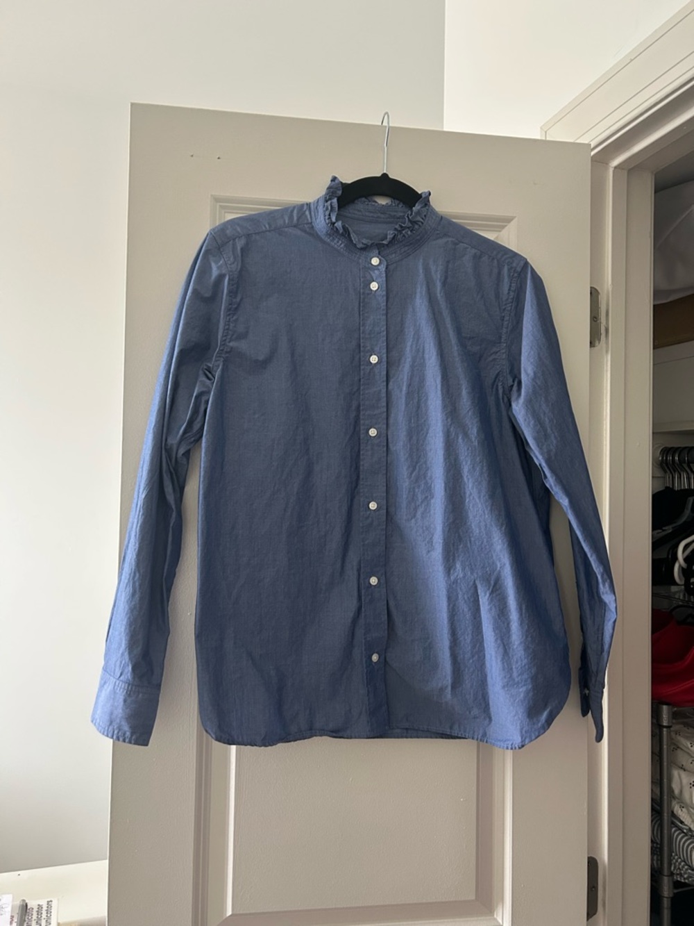 J. Crew Jules Classic Ruffle-Neck Button-Up in Blue, US10